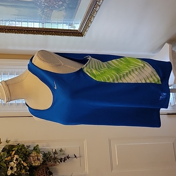 Nike Dri-Fit sleeveless tank blue with lime green white stripes on sides M EUC - Picture 1 of 8